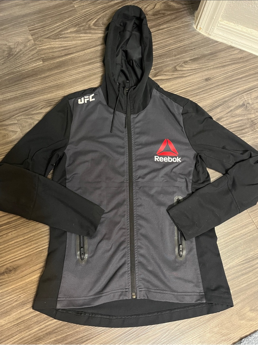 Reebok Black & Charcoal Hooded UFC Jacket with Red Logo